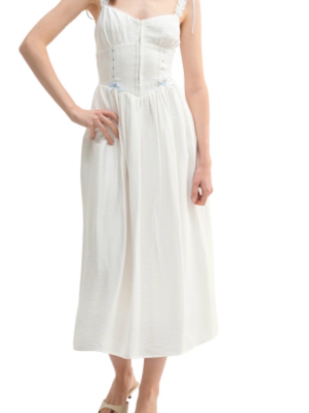 Lush White Linen Maxi Dress with Light Blue Trim